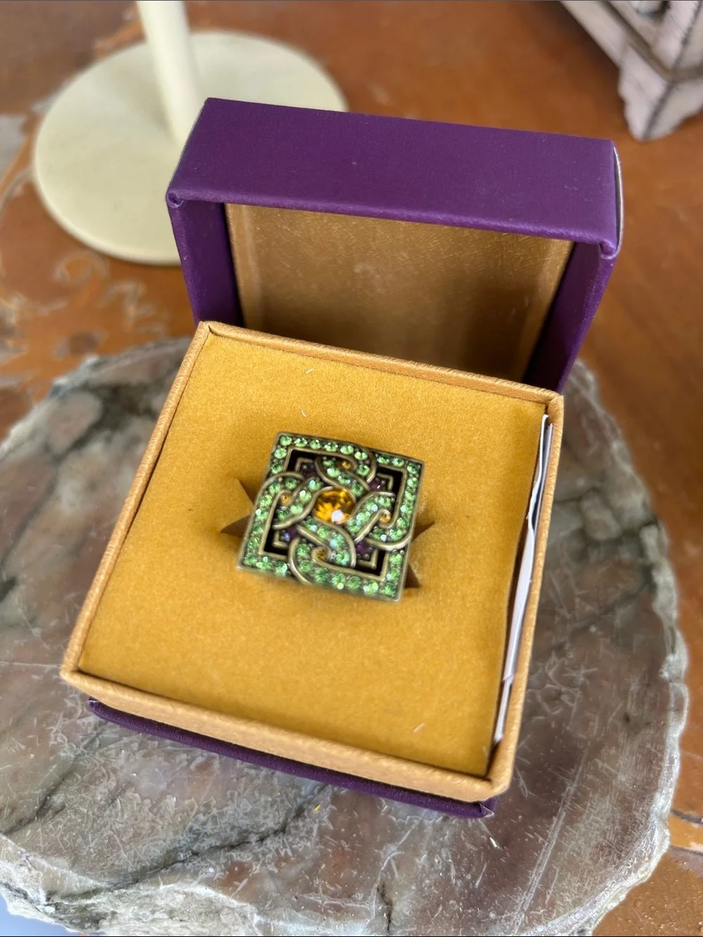 Celtic Knot Green Crystal Square Statement Ring with Amber Accent